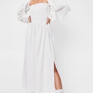Off-White linen look puff sleeve shirred midi dress